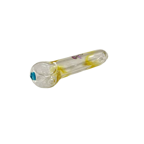 Clear glass pipe with jellyfish design features small mouthpiece and large base with hole.