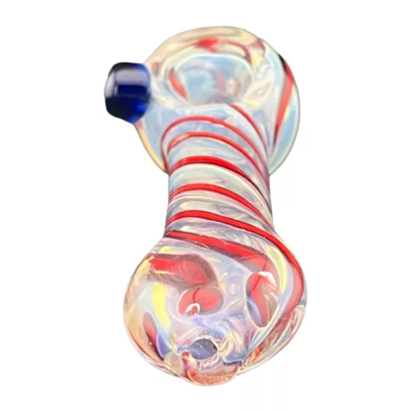 Glass pipe with red, white, and blue swirl design on clear shaft and base, sitting on white background - Tall Colored Spiral Lining Glass Pipe.