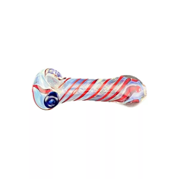Stylish glass pipe with red, white, and blue spiral design. Curved shape, small bowl and stem. Clear glass with knob and hole. White background.