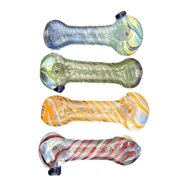 A row of colorful glass pipes with different designs, made of clear glass and arranged on a white background.