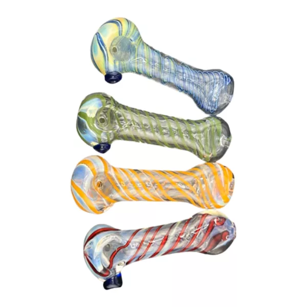 Five curved glass pipes with colorful spirals in green, yellow, purple, and blue. Clear pipe also available.