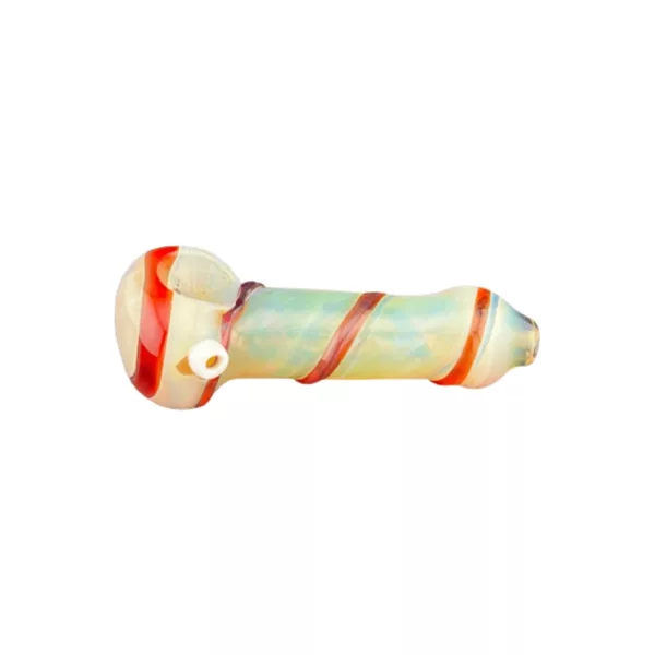 Double Spiral Lined Fumed Glass Pipe with bright red and yellow stripes, transparent and slightly opaque design.
