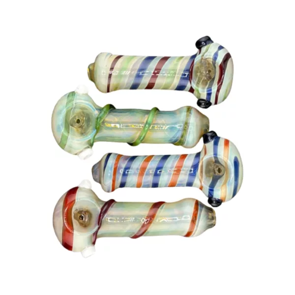 Multicolored glass pipes with double spiral lining, arranged in a line. Perfect for smoking enthusiasts.