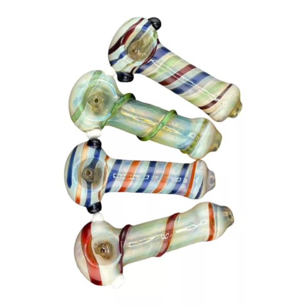 Handmade glass pipes with double spiral design in blue, purple, green, yellow, and red. Tapered stem and round base. Arranged in a spirograph pattern.