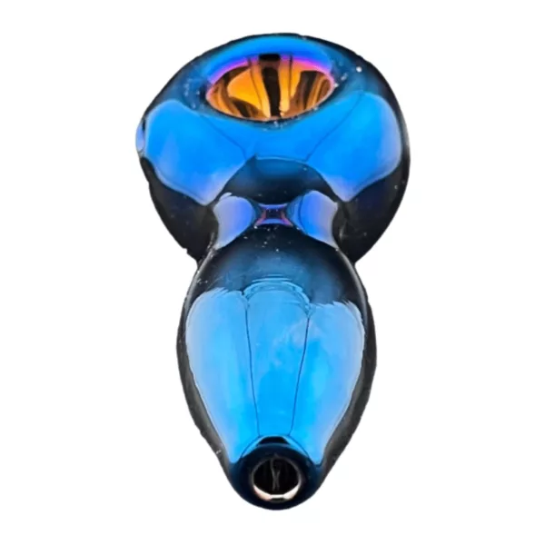 Chrome Hand Pipe with transparent blue glass bowl and small blue ring at base. Smooth, metallic finish. No visible attachments or engravings.