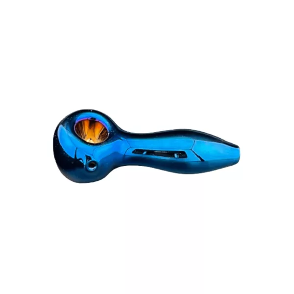 Chrome hand pipe with clear glass mouthpiece, ergonomic handle, blue accents, and brand name on handle.