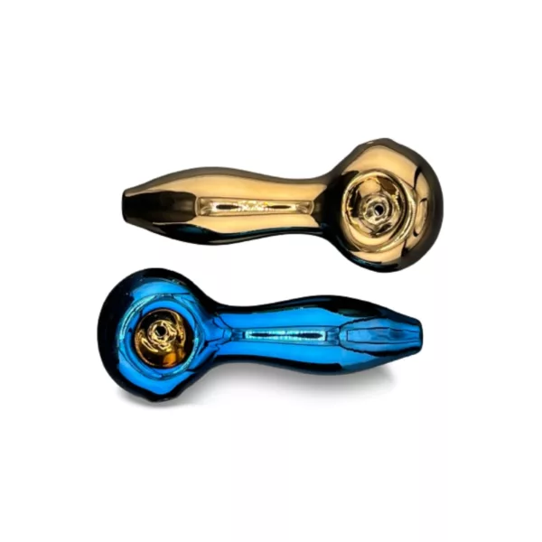 High-quality Chrome Hand Pipes with removable bowls and cleaning tool. Simple, sleek design in gold and blue. Perfect for easy cleaning and maintenance.
