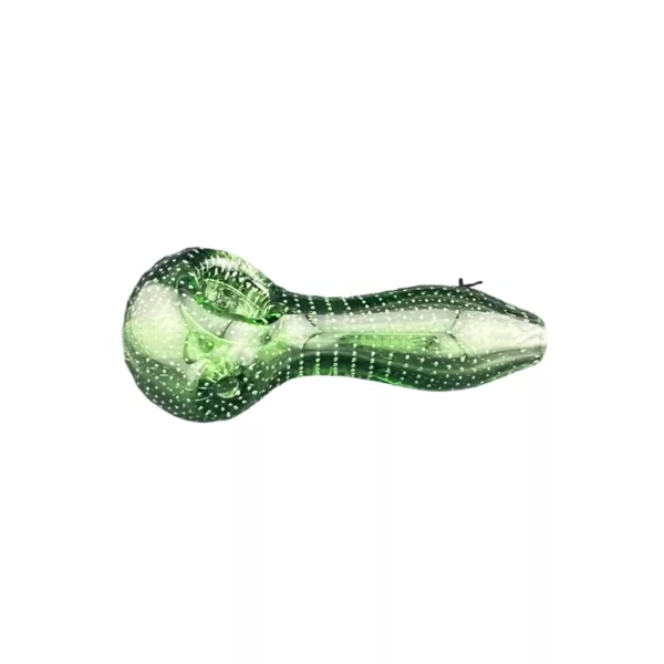 Handmade green glass pipe with a long curved mouthpiece and smooth reflective surface. Small imperfections and bubbles add character. No visible decoration. #AirBubbleHandPipe #HFGP65