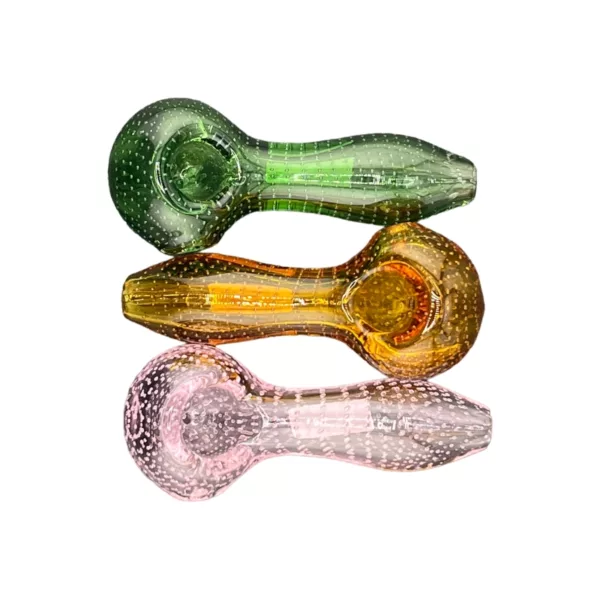 Handcrafted, transparent glass pipe with unique color swirls and comfortable curved design for smoking tobacco or other substances.