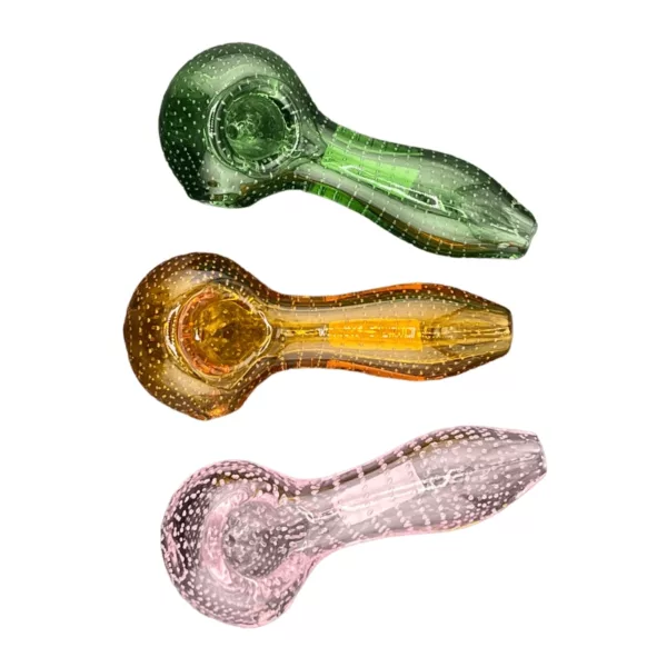 Intricate glass hand pipe with clear bowl and stem, no mouthpiece.