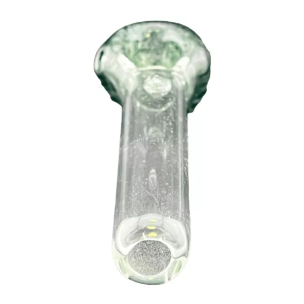 clear glass pipe with a small light bulb inside, shaped like a cylinder and featuring colorful speckles. The light bulb is visible inside the pipe and is shaped like a small bulb. It is sitting on a white background.