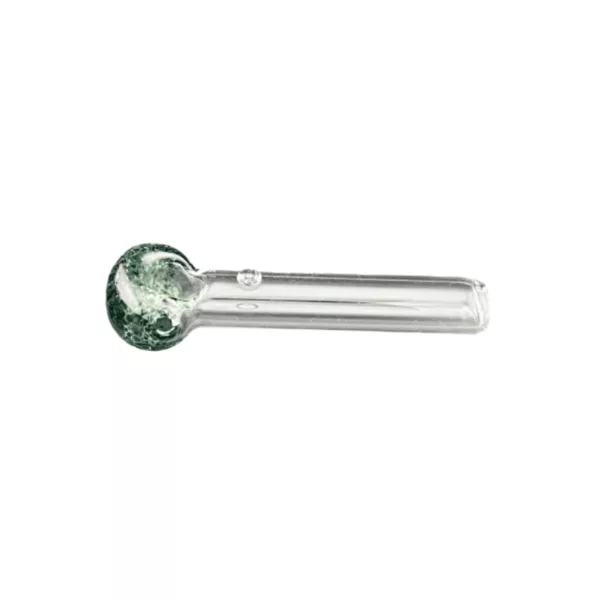 Clear glass pipe with green and white swirl pattern. Small, round base and long, tapered stem. Decorated with same pattern as rest of pipe.