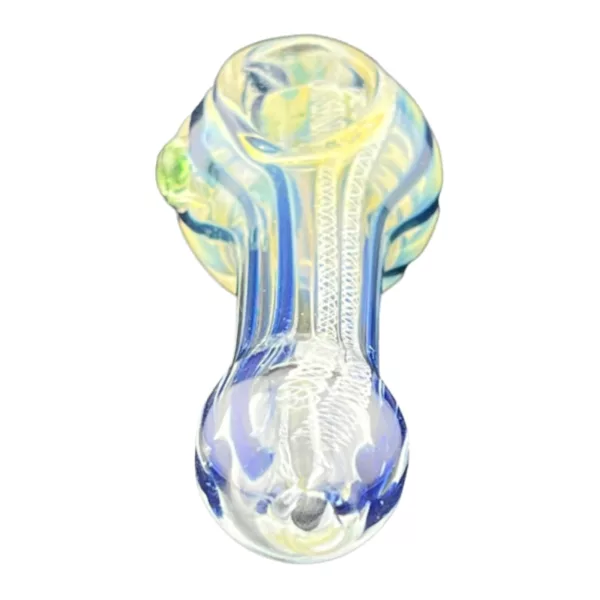 HP 8.99 Style 8 Glass Bong: Curved, clear, blue, and green design. Small, round base with circular hole. Handle with clear glass knob and circular metal attachment.