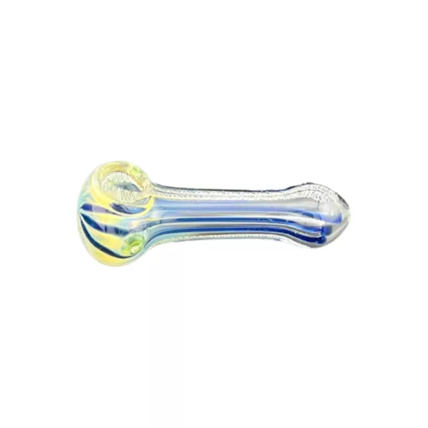 Enjoy a unique, blue and yellow swirl pattern on this small, curved glass pipe made from clear glass and shaped by a mold.