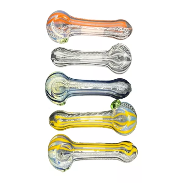 Set of six glass pipes in blue, green, yellow, and orange. Intricate designs on clear glass surface.