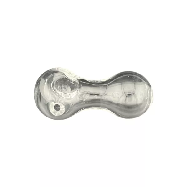 Clear glass pipe with small, curved shape and round base, no decorations, sitting on white background.