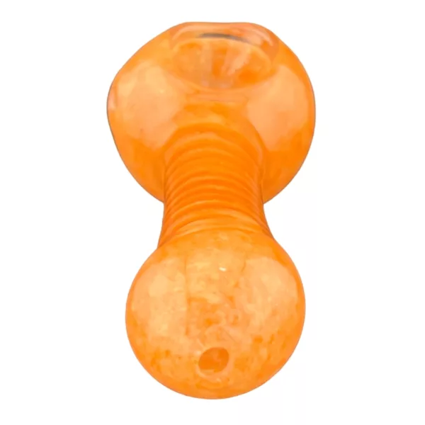 Orange glass pipe with round base, long neck, and small bowl on white background.