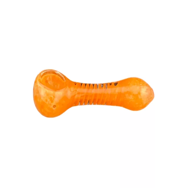 The HP 8.99 Style 4 is an orange glass pipe with a small hole and round shape, sitting on a white background.