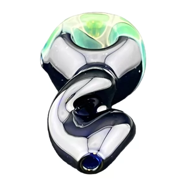 A modern, sleek glass pipe with a blue and green swirl design on the body and a clear stem with a small hole at the end. The base also has a small hole at the bottom.