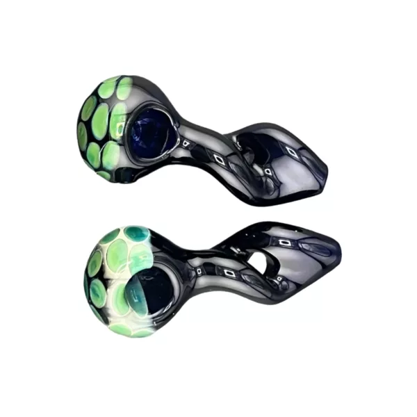 Spore Head Bowl HP GSBHP277 with green & black glitter design, clear stem & black accents. Also available in blue & white glitter design.