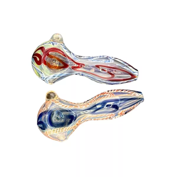 Glass pipe with colorful flower design, long stem, and curled top. Clear body with blue, red, and yellow swirls, and colored stem design.