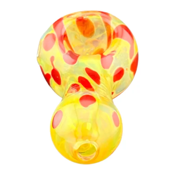 Colorful polka dot glass bubbler with unique design for a fun smoking experience.