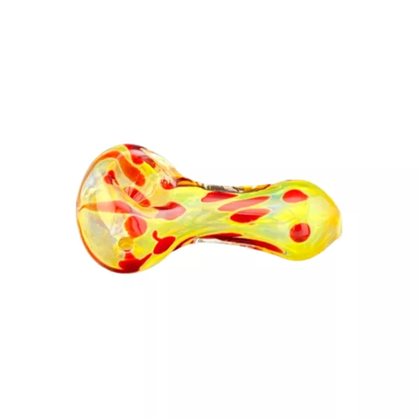 Symmetrical yellow and red flame design etched onto clear glass pipe. Well-lit and detailed etching with no imperfections.