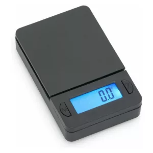 Compact electronic scale with white display and foot pedal to turn on/off. Shows weight in grams, kilograms, and pounds. Clear display with white numbers on black background. Perfect for measuring ingredients while cooking or baking.