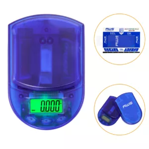 Blue electronic scale with small footprint and sleek design. Perfect for weighing small items in grams or kilograms.