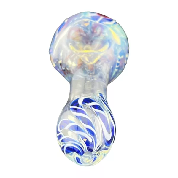 Intricate glass pipe with blue and white swirl design and metal stem.