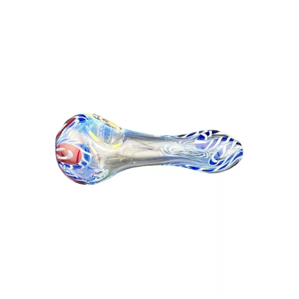 This artistic glass bong features a unique swirl pattern, blue, red, and white stripes, and a comfortable mouthpiece. It is handmade with clear glass and adds beauty and sophistication to any setup.
