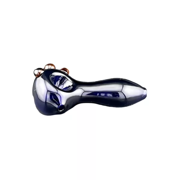 A decorative blue glass pipe with silver accents and a curved, pointed end, positioned as a phallic symbol.