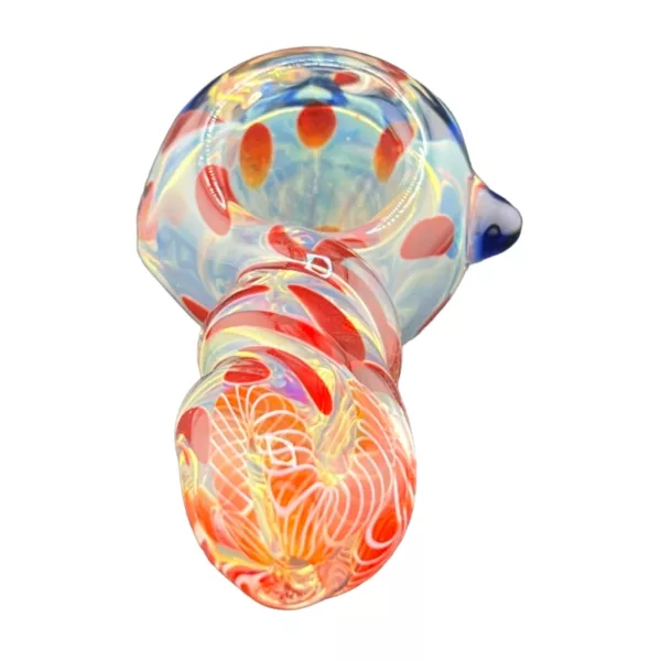 Colorful glass bong with curved shape, small and large bowls, tube connecting them, fish-shaped handle, sitting on white surface.