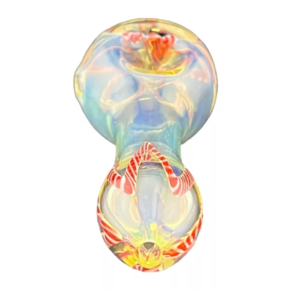 colorful, symmetrical glass pipe with a human face-shaped mouthpiece, featuring a flower design in pink, purple, and blue.