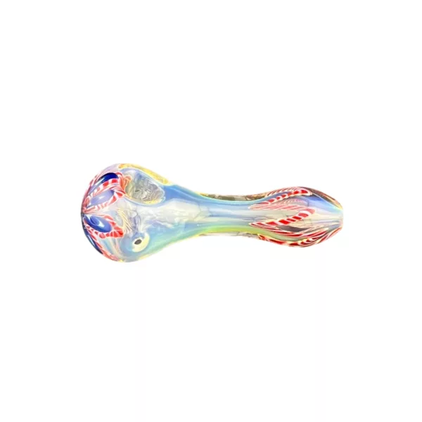 Handmade glass pipe with colorful flower design and small bowl. Intricate, nature-inspired pattern. Textured surface. Perfect for smoking.