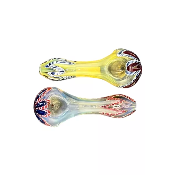 Pair of clear glass pipes with colorful, abstract designs. Kateya Flower HP-GLHP29.