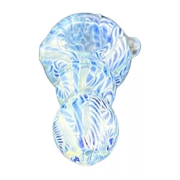 Blue and white swirl glass pipe with yellow accents and white spots.