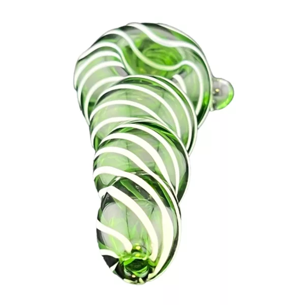 A green and white striped glass piece with a small swirled design, round shape, smooth surface, and intricate symmetry, hangs from a string in a well-lit image.
