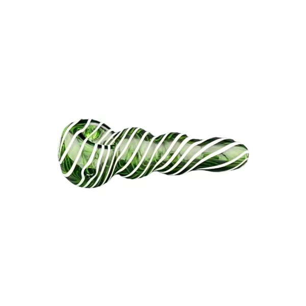 Close-up of green and white striped pipe or cigar-shaped object with smooth, cylindrical shape and zigzag pattern. Placed on white background.