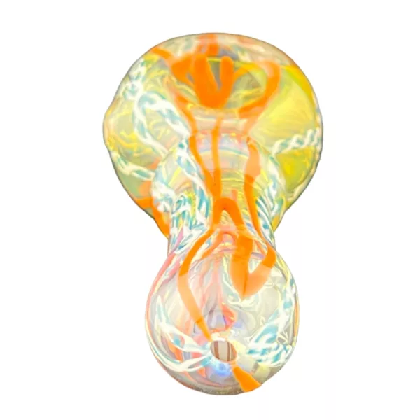 Colorful, clear glass bong with wave-shaped mouthpiece and base. Swirls of pink, green, and purple in blue and white design.