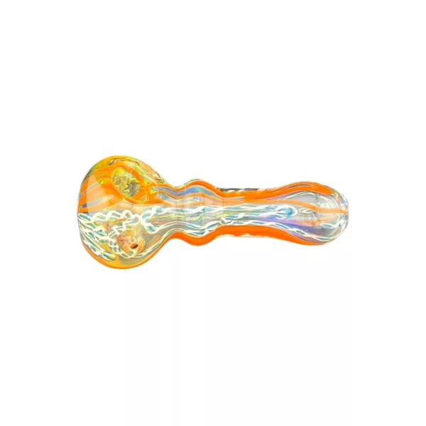 Swirl glass pipe with flame design in orange and yellow. Intricate shapes and colors on the front.