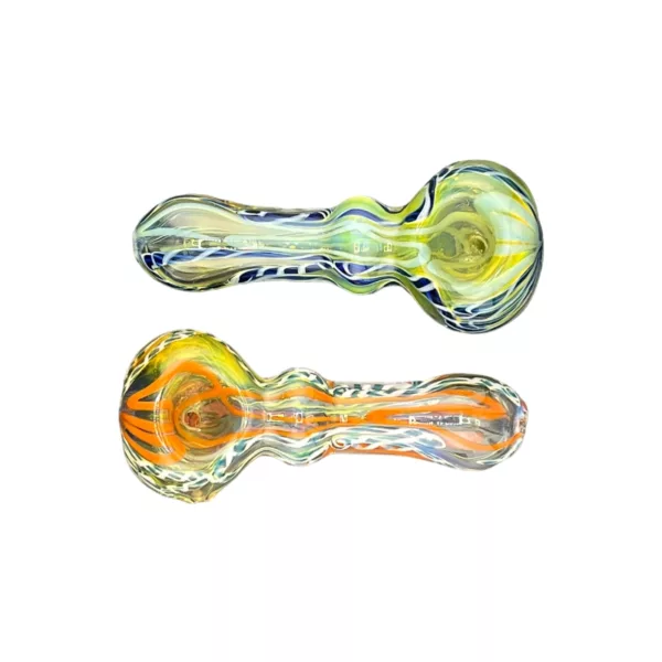 Long glass smoking pipe with spiral design and round base in green, blue, and yellow. GLHP90.
