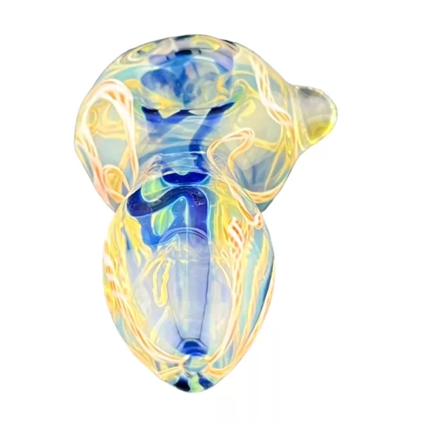 Blue and yellow swirled glass sculpture with smooth, symmetrical surface.