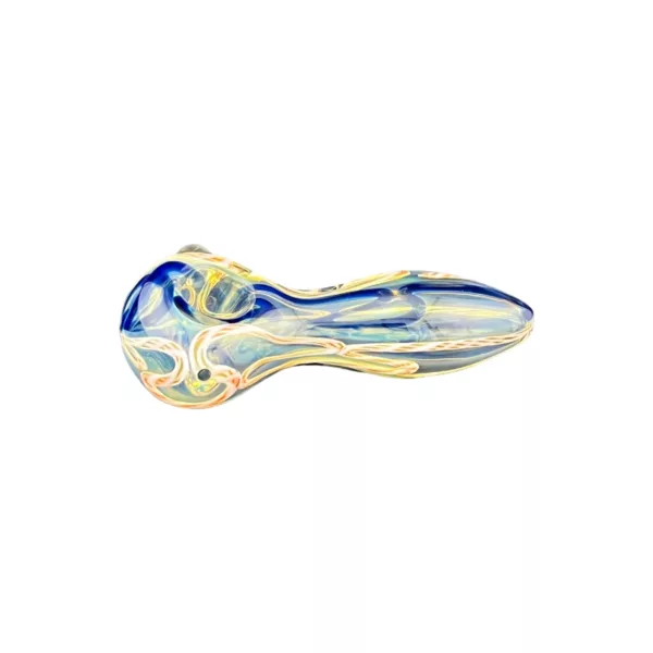 Spiral glass pipe with blue, yellow, & white design. Curved shape, small smoking hole. GLHP86.