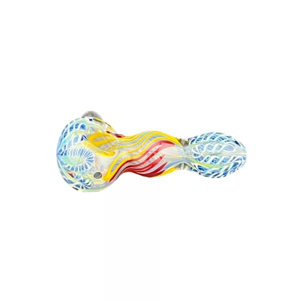Rustic clogged pipe with intricate swirls, red, blue, and yellow colors, and a hint of smoke.