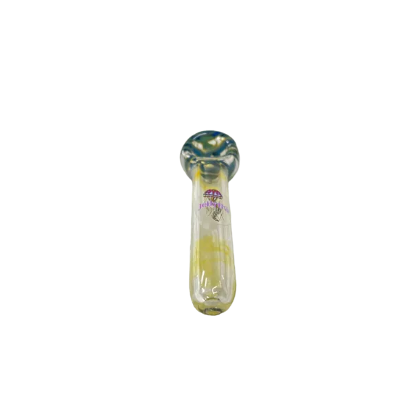 A simple, cheap jellyfish-shaped glass pipe with a blue and white striped pattern, small bowl and mouthpiece, and a base with a small hole for stability.