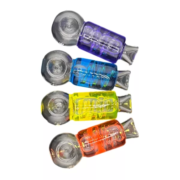 Row of four colored lighters (clear, blue, green, red) in straight line, flickering flames, plastic/glass construction, bright and colorful image.
