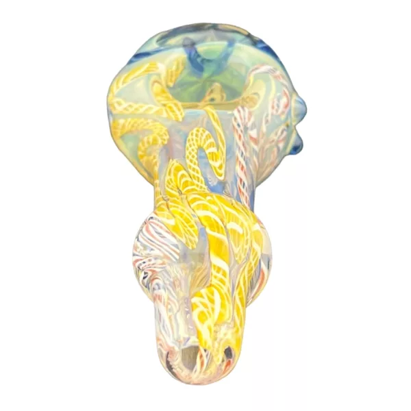 Swirled yellow and blue glass piece shaped like a sea creature, perfect for any smoking collection.