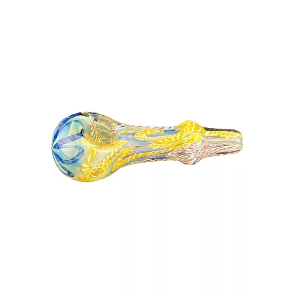 Glass pipe with blue & yellow design, flared mouthpiece & decorative ring. Smooth surface, small hole.