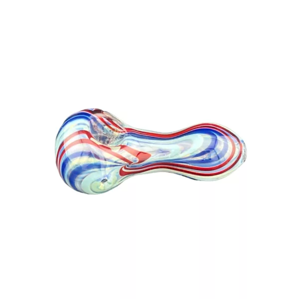 glass pipe with a swirled red, white, and blue design. It has a curved shape and is made of clear glass. The pipe is displayed on a white background.